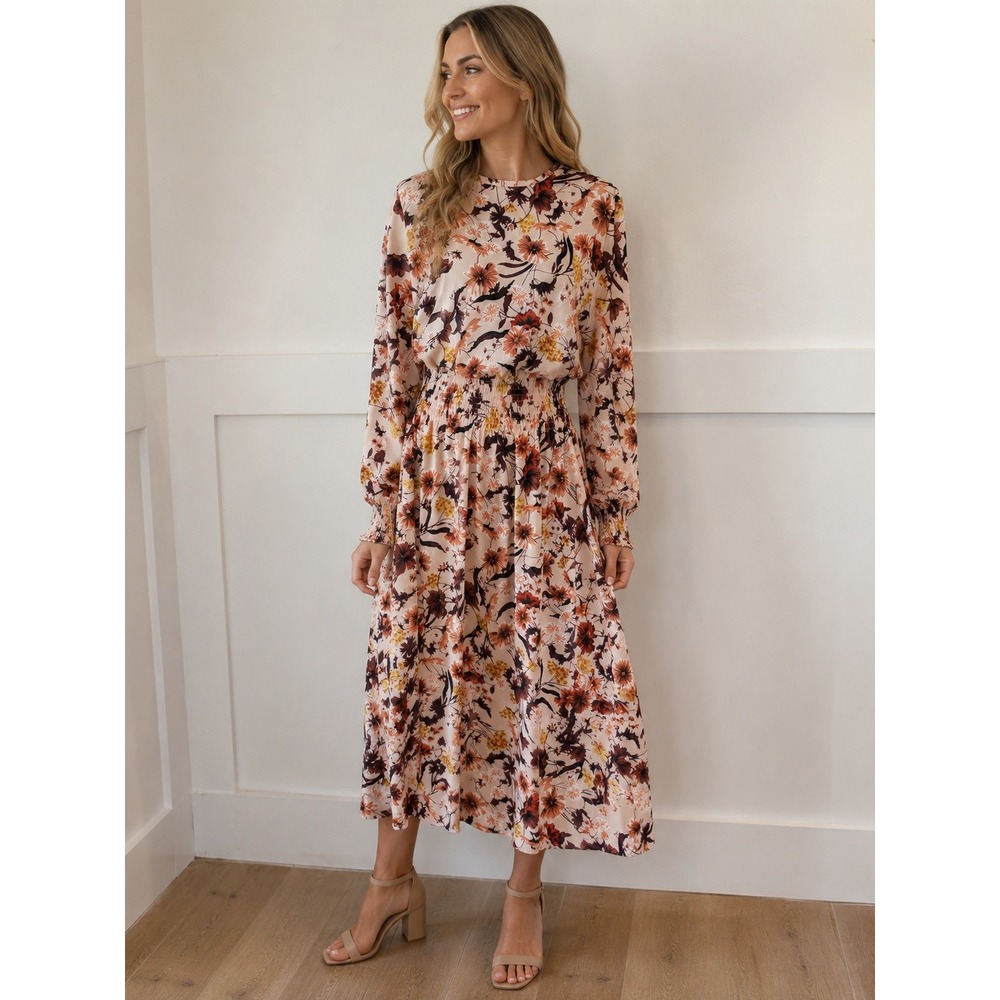 MVN The Label Floral Midi Dress XL NWT Long Sleeve Smocked Waist Boho Wedding G